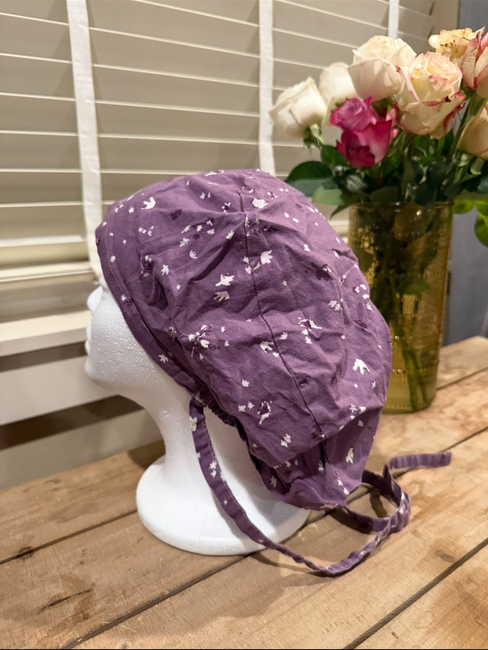Purple Floral Surgical Scrub Cap with Ties